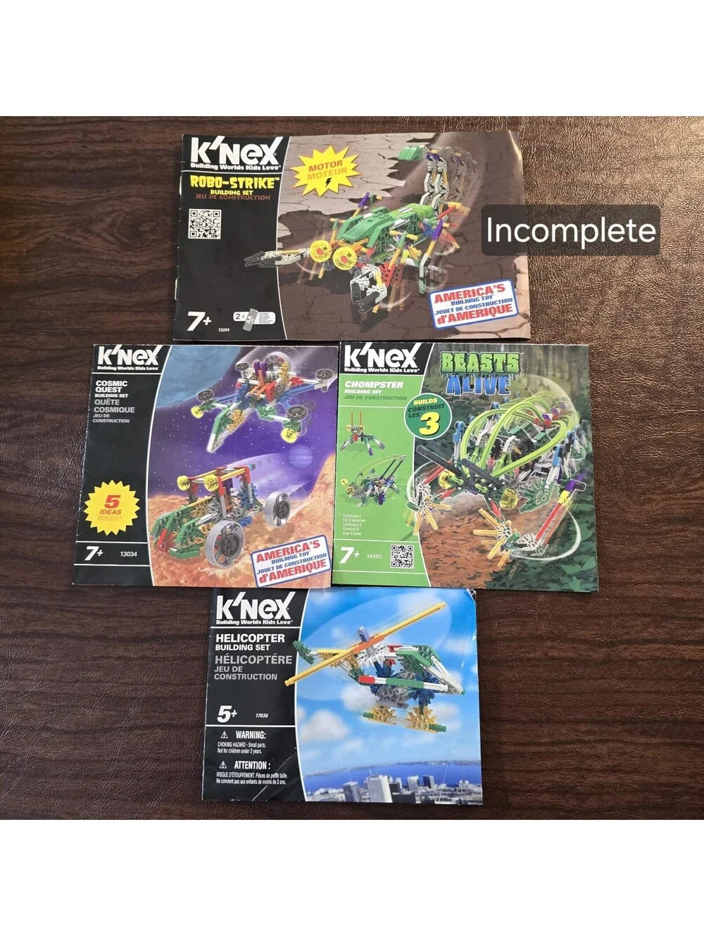 K'Nex Lot of 4 Different Sets W/Manuals, 3 Complete Sets, 1 Partial, See Picture